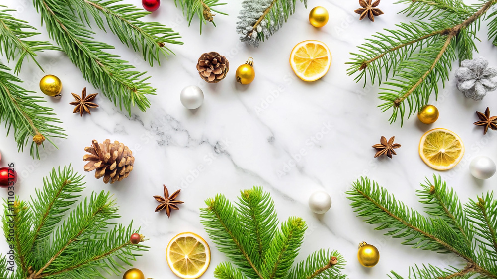 Festive Christmas flatlay with fir branches, ornaments, pine cones, star anise, and dried lemon slices on marble. Festive Christmas flatlay with fir branches, ornaments, pine cones, star anise, and dried lemon slices on marble.