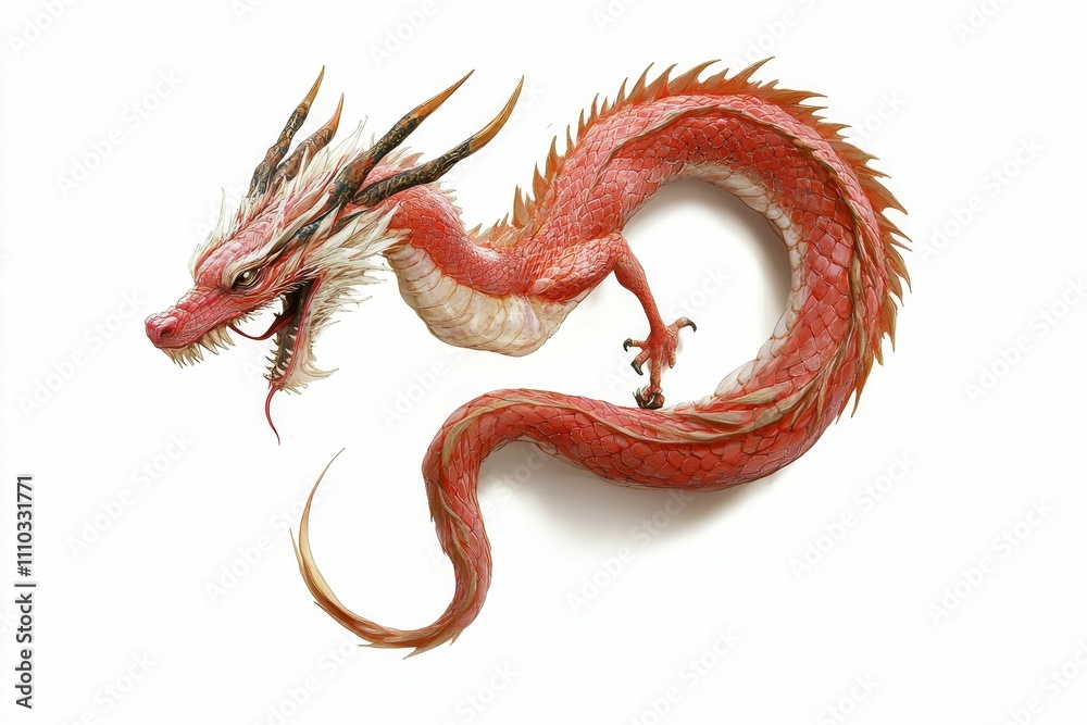 Obraz premium Red dragon, coiled, sharp horns, clawed feet.