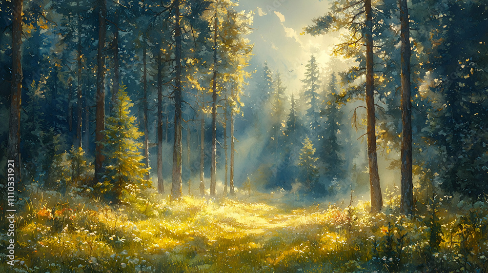 Obraz premium A serene forest scene bathed in golden sunlight, highlighting tall trees and a lush, grassy clearing.