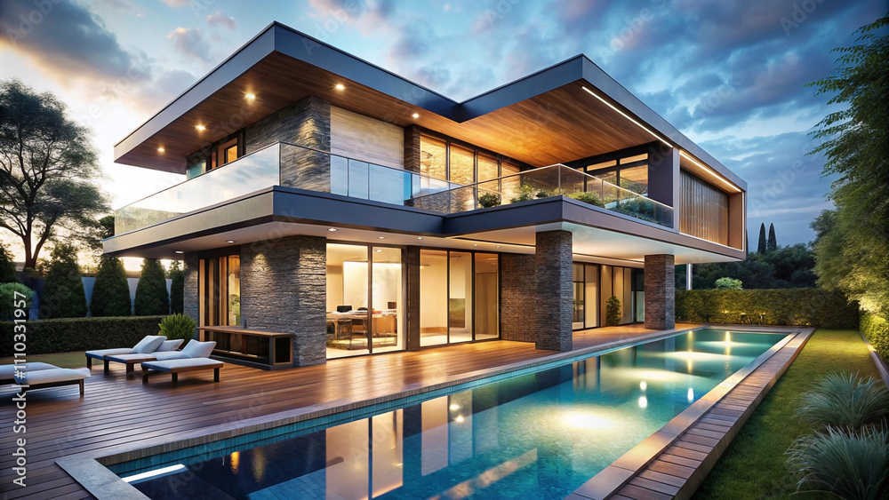 Modern luxury home with infinity pool at dusk. Modern luxury home with infinity pool at dusk.