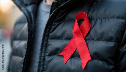 Close-up of a Red Ribbon on a Young Person’s Jacket Collar for HIV and AIDS Awareness with an Urban Fashionable Twist and Modern Appeal. photo