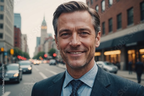 Close portrait of a smiling 40s American businessman looking at the camera, American big city outdoors blurred background