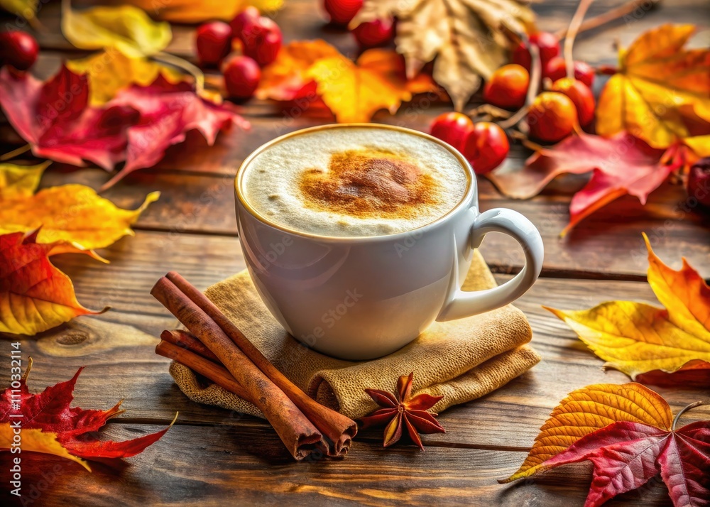 Cozy Autumn Latte Surrounded by Cinnamon Sticks and Colorful Leaves in a Rustic Setting Cozy Autumn Latte Surrounded by Cinnamon Sticks and Colorful Leaves in a Rustic Setting