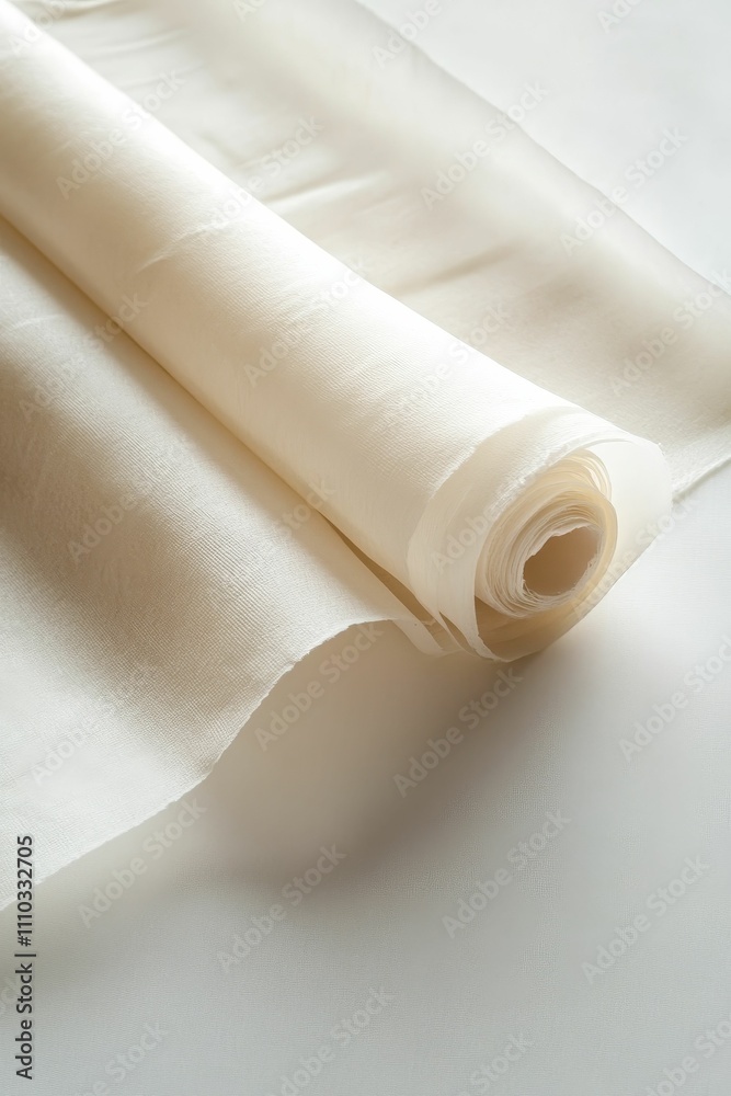Off-white fabric roll, softly folded, textured surface. Off-white fabric roll, softly folded, textured surface.