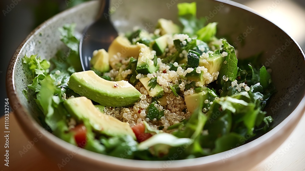 A person enjoying a plant-based salad with lettuce, avocado, and quinoa, sitting at a cozy dining table with natural light A person enjoying a plant-based salad with lettuce, avocado, and quinoa, sitting at a cozy dining table with natural light