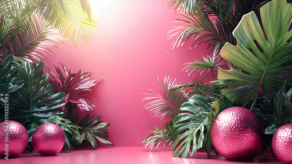 A vibrant scene featuring lush green plants and shiny pink ornaments against a bright pink backdrop, creating a lively and festive atmosphere. A vibrant scene featuring lush green plants and shiny pink ornaments against a bright pink backdrop, creating a lively and festive atmosphere.