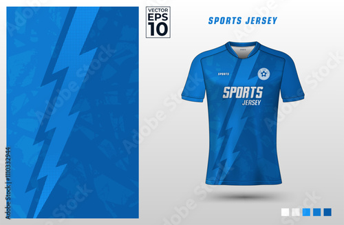 T-shirt sport jersey design template with abstract lightning thunderbolt pattern grunge blue background. Sport uniform in front view. Shirt mock up for sport club. Vector Illustration