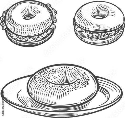  Bagels line drawing illustrations isolated on white background.