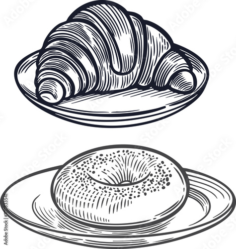 Croissants and bagels line drawing illustrations isolated on white background.