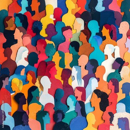 Large crowd of diverse people in paper cut-out style. Layered abstract art, figures in various vibrant colors with distinct silhouettes. Inclusive, textured, playful, dynamic background