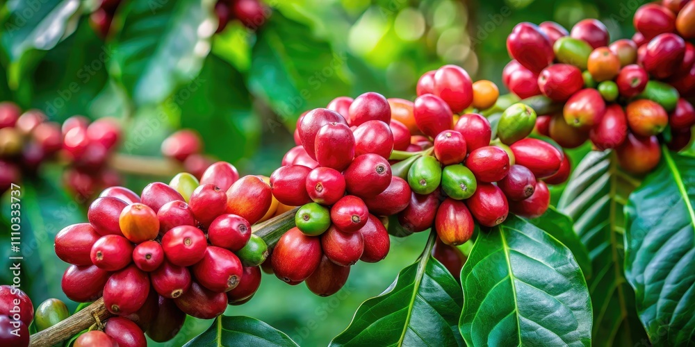 Fresh Coffee Cherries on Coffee Tree - Minimalist Photography of Vibrant Red Berries Surrounded by Lush Green Leaves, Capturing the Essence of Nature and Coffee Agriculture Fresh Coffee Cherries on Coffee Tree - Minimalist Photography of Vibrant Red Berries Surrounded by Lush Green Leaves, Capturing the Essence of Nature and Coffee Agriculture