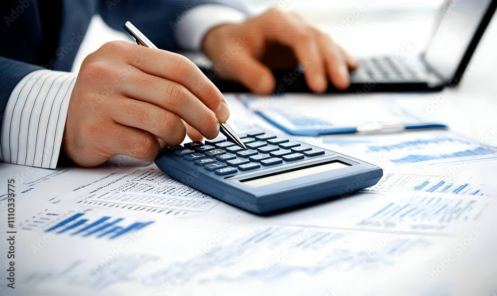 Close-up of hands using a calculator and pen on financial documents, signifying accounting, finance, or business analysis. Close-up of hands using a calculator and pen on financial documents, signifying accounting, finance, or business analysis.