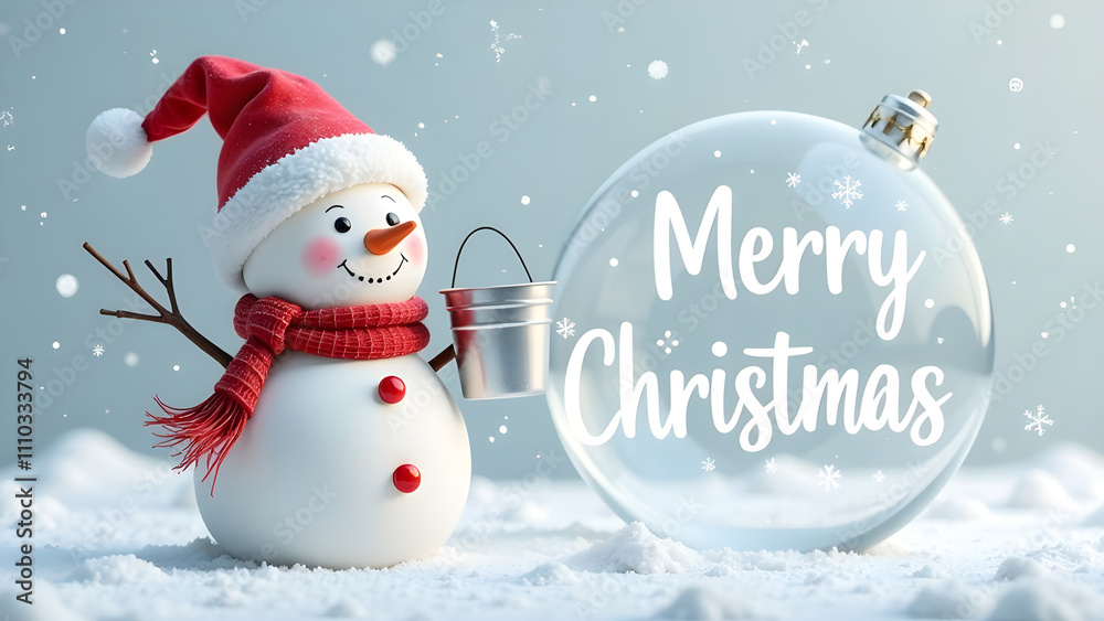 Christmas snowman in white background with white snowflakes and glass big ball white Handwriting thin Letters Merry Christmas