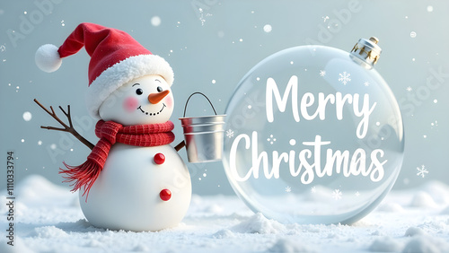 Obraz na płótnie Christmas snowman in white background with white snowflakes and glass big ball white Handwriting thin Letters Merry Christmas w salonie