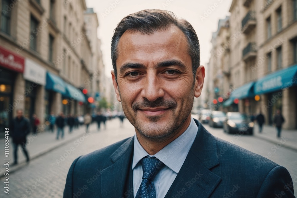 Close portrait of a smiling 40s Azerbaijani businessman looking at the camera, Azerbaijani big city outdoors blurred background Close portrait of a smiling 40s Azerbaijani businessman looking at the camera, Azerbaijani big city outdoors blurred background