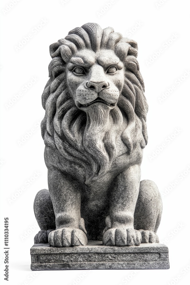 Stone lion statue; seated pose; detailed mane. Stone lion statue; seated pose; detailed mane.
