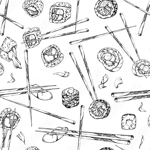 Japanese food sushi rolls, california philadelphia alaska on chopsticks with raw fish salmon unagi tuna shrimp, hand drawn in vector pen and ink. Seamless pattern for restaurant cafe menu, recipe book