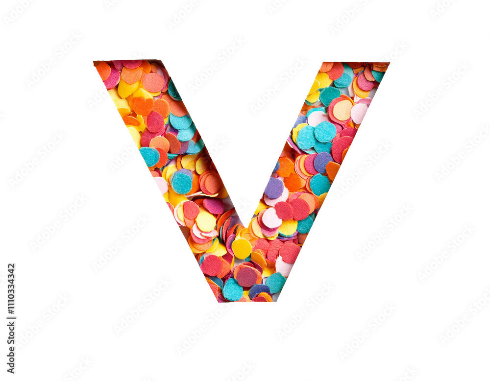 V written with colorful confetti isolated on white background, cut out V written with colorful confetti isolated on white background, cut out