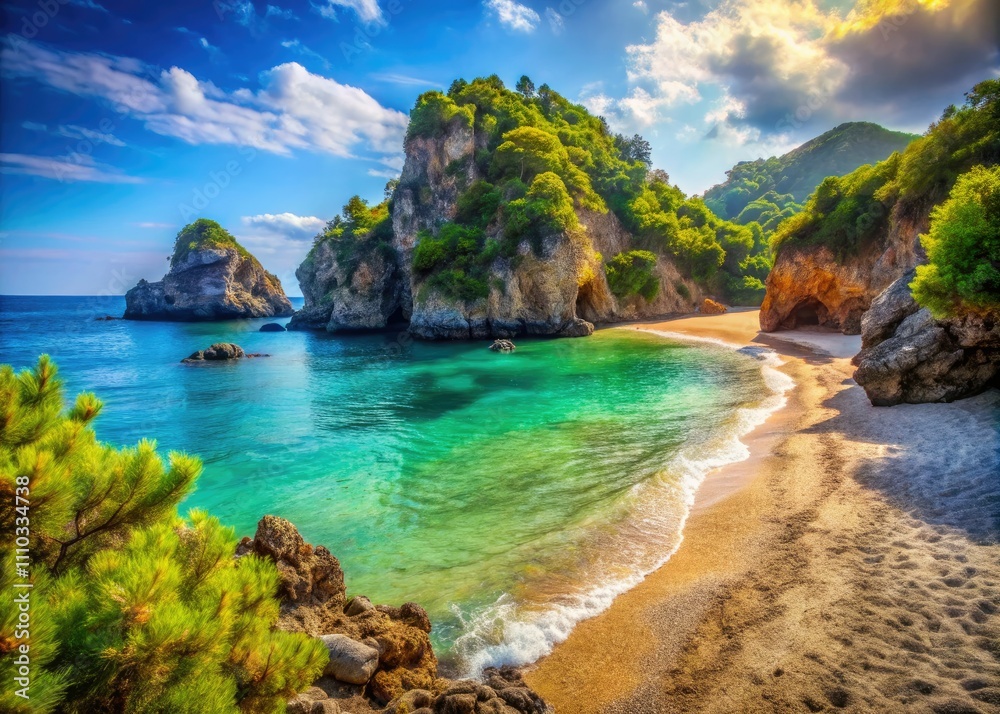 Macro Photography of Vibrant Beach Scene at Paleokastritsa, Corfu, Greece - Scenic Turquoise Waters, Lush Greenery, and Rock Formations in Summer Macro Photography of Vibrant Beach Scene at Paleokastritsa, Corfu, Greece - Scenic Turquoise Waters, Lush Greenery, and Rock Formations in Summer