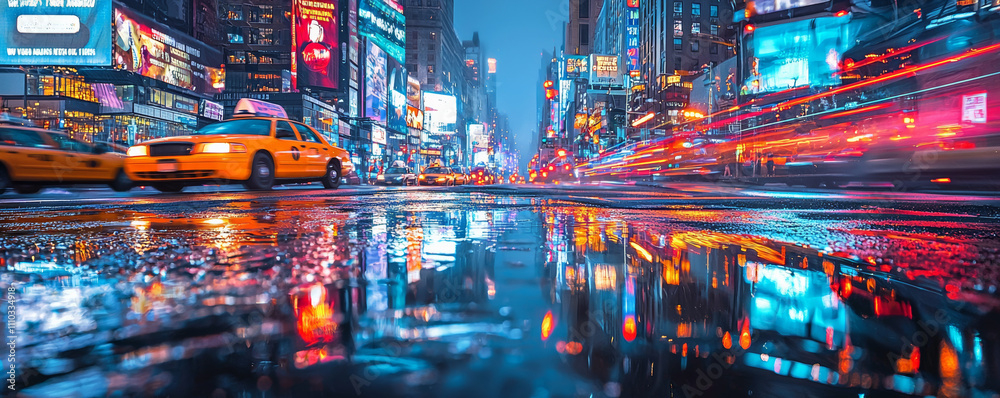 New York street at night with puddles reflecting colorful lights, vibrant taxis, and bustling city life creating dynamic urban scene New York street at night with puddles reflecting colorful lights, vibrant taxis, and bustling city life creating dynamic urban scene