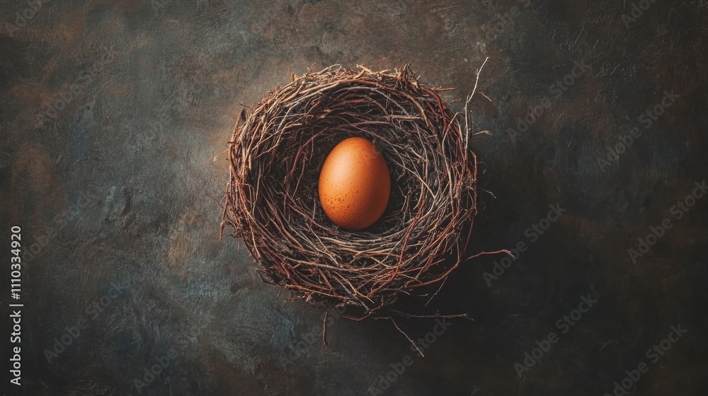 Brown Egg in Twisted Twig Nest on Dark Textured Background Brown Egg in Twisted Twig Nest on Dark Textured Background