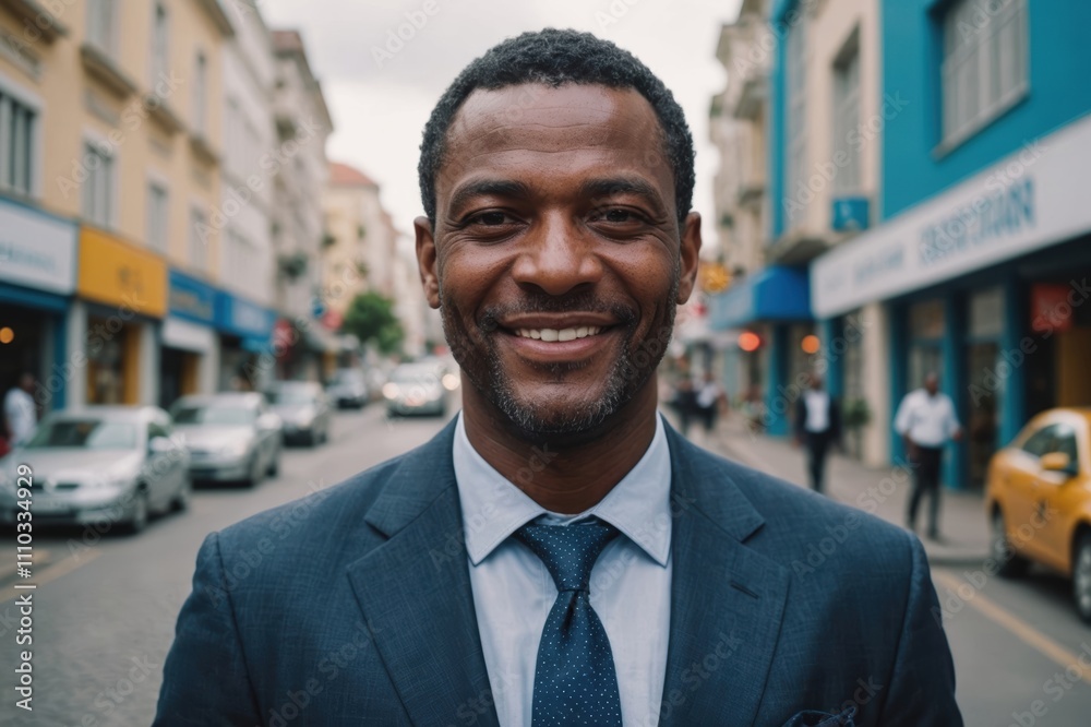 Close portrait of a smiling 40s Barbadian businessman looking at the camera, Barbadian big city outdoors blurred background Close portrait of a smiling 40s Barbadian businessman looking at the camera, Barbadian big city outdoors blurred background