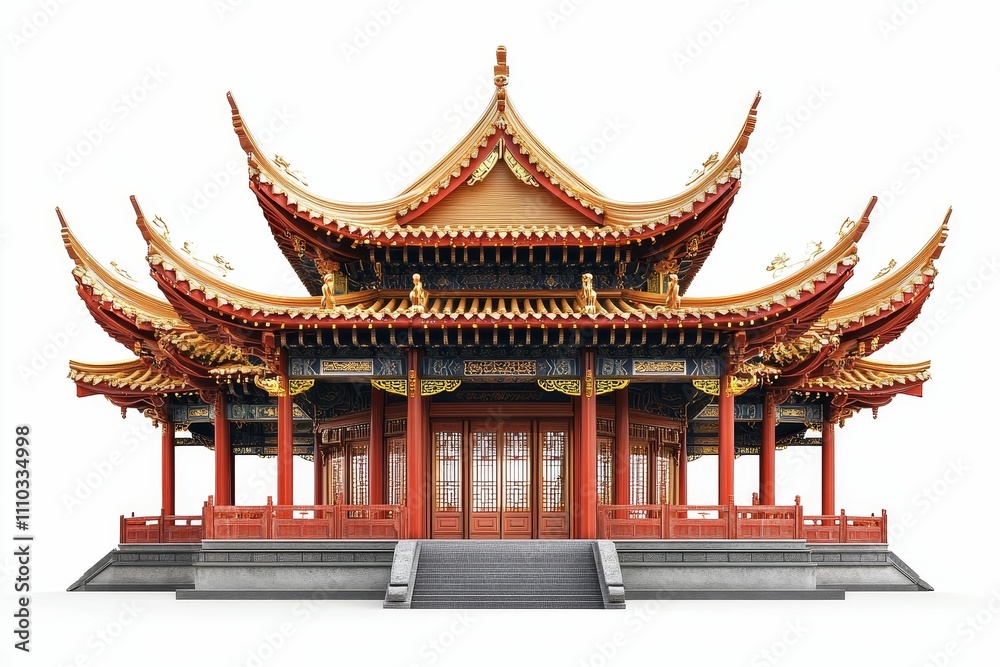 Ornate red pavilion, tiered roof, gray stone base. Ornate red pavilion, tiered roof, gray stone base.