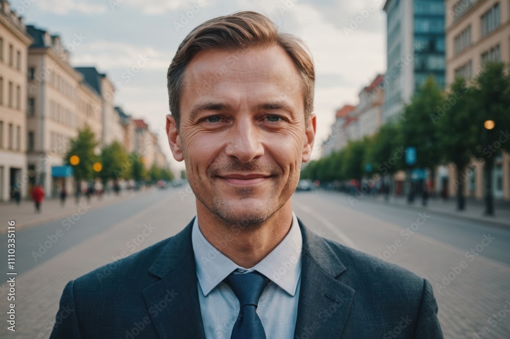 Close portrait of a smiling 40s Belarusian businessman looking at the camera, Belarusian big city outdoors blurred background