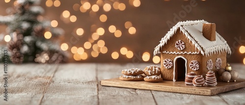 A charming gingerbread house sits on a wooden table, surrounded by festive lights and cookies, evoking a cozy holiday spirit. photo