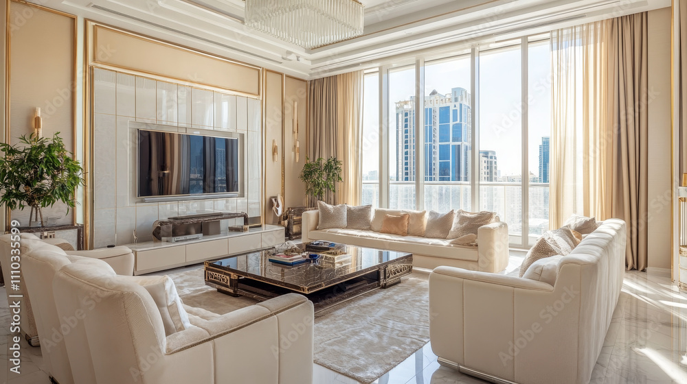 Fototapeta premium A living room styled with soft beige furniture, embodying elegance and comfort, set within a luxury interior of a modern apartment. The design follows a minimalist aesthetic, with a focus on clean 