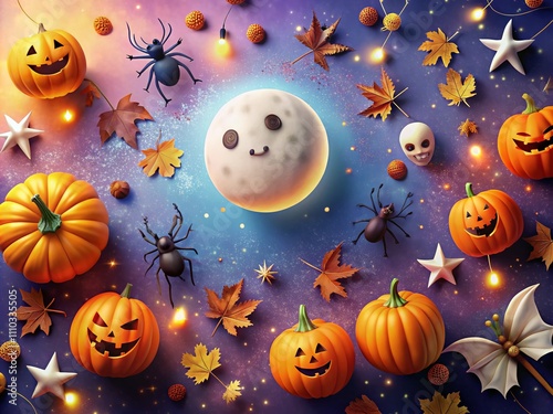 Happy Halloween Aerial Background with Minimal 3D Illustrations of Pumpkins, Ghosts, and Spiders for Festive Celebrations and Seasonal Decorations photo