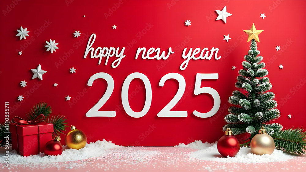 Christmas holiday background with white Handwriting thin Letters happy new year 2025 over red Christmas background with small snow Christmas tree, balls