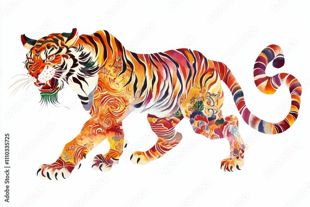 Obraz premium Colorful tiger, ornate swirls, walking, white background.