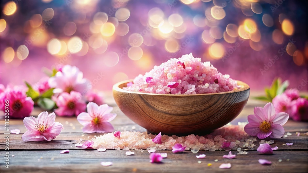 Serene Bowl of Pink Bath Salt with Delicate Flowers - Relaxation, Spa, Aromatherapy, Wellness, Natural Beauty, Self-Care Serene Bowl of Pink Bath Salt with Delicate Flowers - Relaxation, Spa, Aromatherapy, Wellness, Natural Beauty, Self-Care