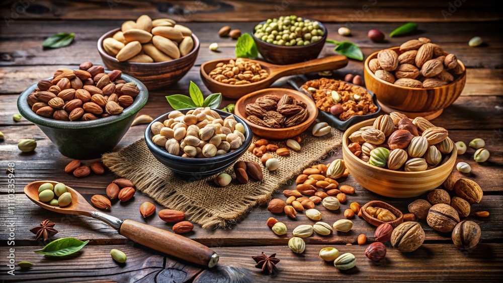 Healthy Nuts for Diabetics: A Variety of Nutrient-Rich Options for a Balanced Diet and Blood Sugar Control in Attractive Packaging on a Wooden Table Healthy Nuts for Diabetics: A Variety of Nutrient-Rich Options for a Balanced Diet and Blood Sugar Control in Attractive Packaging on a Wooden Table