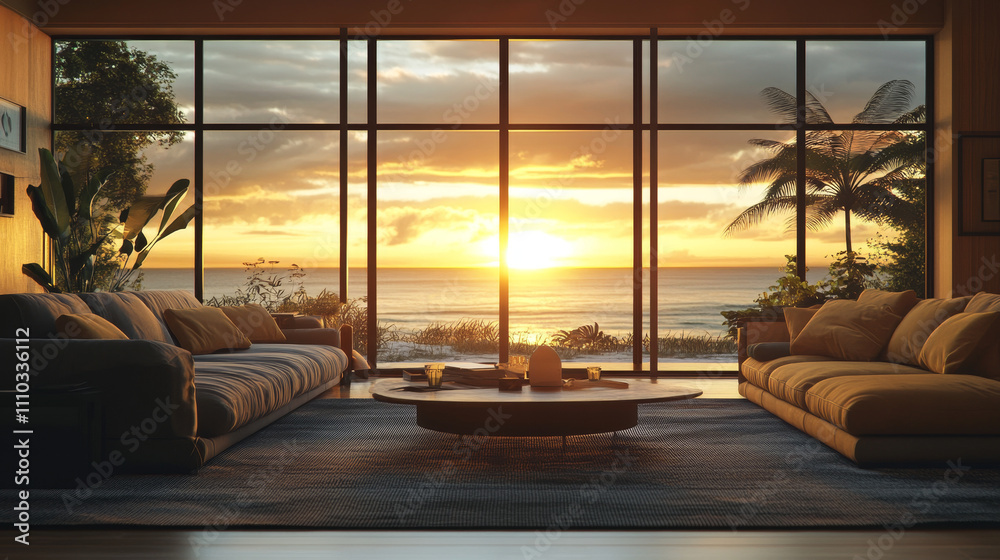 Fototapeta premium A modern living room bathed in the warm, golden hues of a sunset over the ocean, captured in a detailed 3D rendering. The room features floor-to-ceiling windows that span the length of the walls