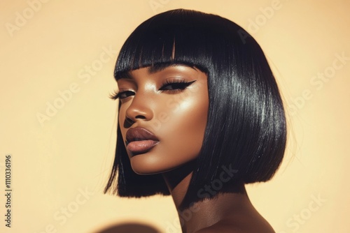 close-up of beautiful futuristic black woman with straight bob haircut and bangs on beige background with shadows