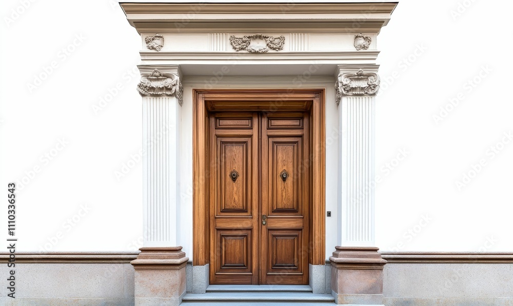 Obraz premium Ornate columns frame a large wooden door.