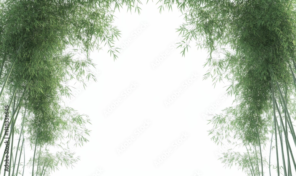 Fototapeta premium Lush green bamboo stalks frame a white background.