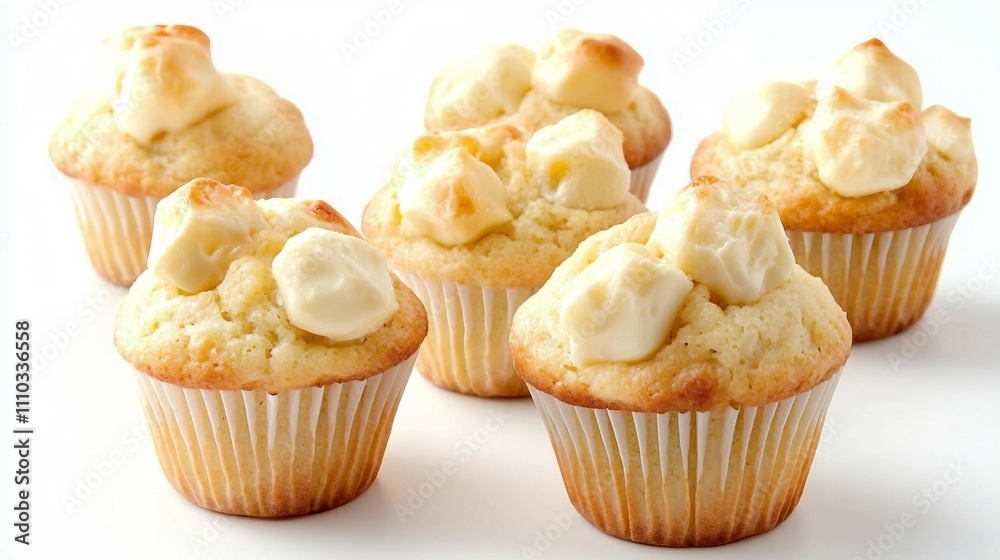 Delicious Vanilla Cupcakes with Creamy Frosting on White Background Delicious Vanilla Cupcakes with Creamy Frosting on White Background