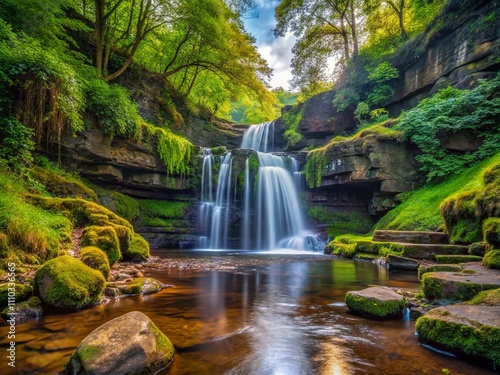 Hidden Cascading Waterfall in a Deep Gorge Surrounded by Lush Forest in the Bowland Area of Lancashire, Showcasing Trickling White Water Amidst Serene Nature photo