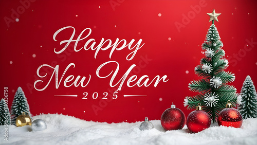 Obraz na płótnie Christmas holiday background with white Handwriting thin Letters happy new year 2025 over red Christmas background with small snow Christmas tree, balls w salonie