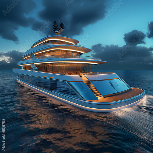 A luxury yacht illuminated by soft lights against a starry sky