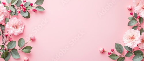 Wallpaper Mural Pink flowers, berries, and green leaves arranged on a soft pink background. Elegant and minimal concept for nature and beauty themes Torontodigital.ca