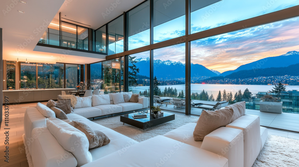 Fototapeta premium A modern living room featuring a sleek white sofa positioned centrally on a soft white carpet, exudes elegance and minimalism. 