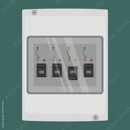 Distribution box with semi transparent door. White switchboard with installed circuit breakers. Vector illustration isolated on white