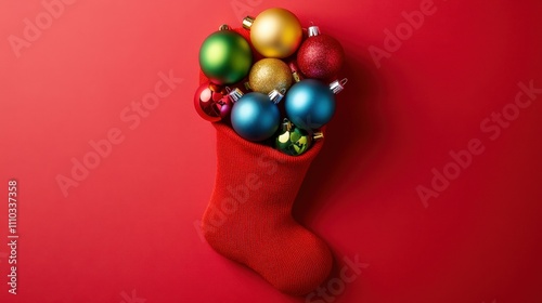 Christmas Stocking Overflowing with Colorful Ornaments Festive Holiday Season Cheer photo