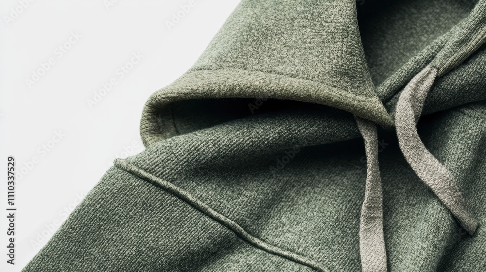 Fototapeta premium Close Up Detail of a Green Hooded Sweatshirt Texture, Soft Comfortable Fabric, Casual Clothing Apparel