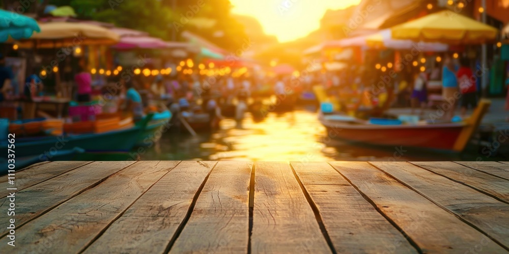 Wooden board with a view of a river with many boats Wooden board with a view of a river with many boats