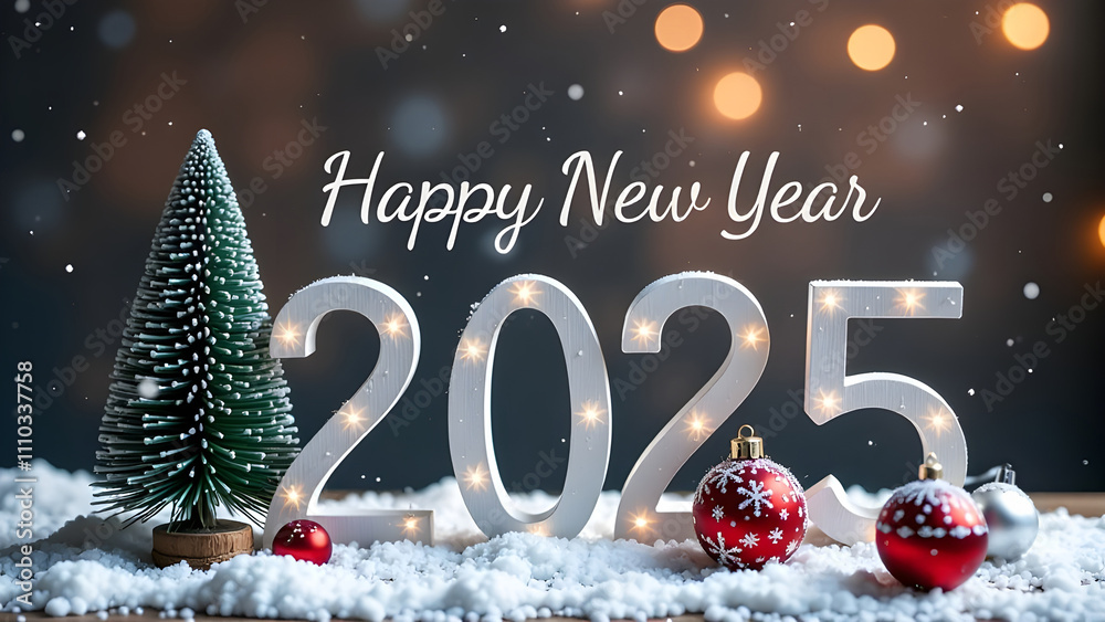 Christmas holiday background photography with white Handwriting thin Letters happy new year 2025 over Christmas background with small snow Christmas tree and ball